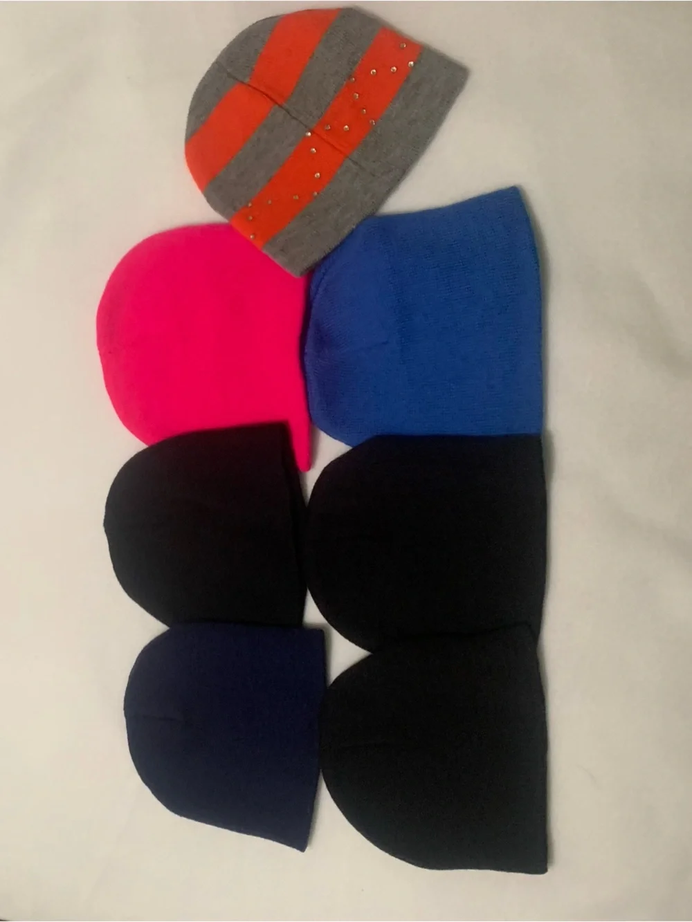 7 Pice Kids  Knit Beanie With Rhinestones - Black, Blue, Hot Pink